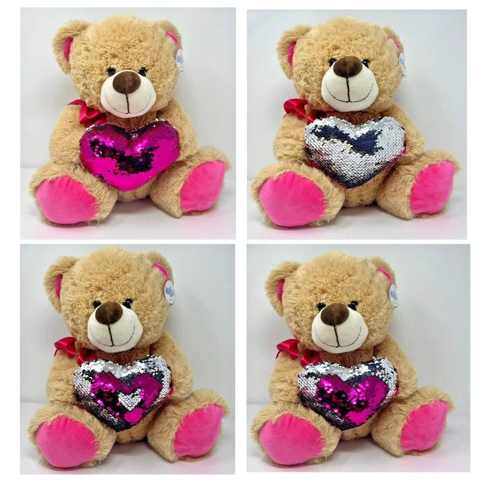 Hug&Luv Brown Bear and Pink Tie Plush Stuffed Toy w/ Heart Reversible Color Gift